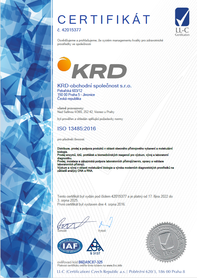 Certifikát kvality ČSN ISO EN 13485:2012
