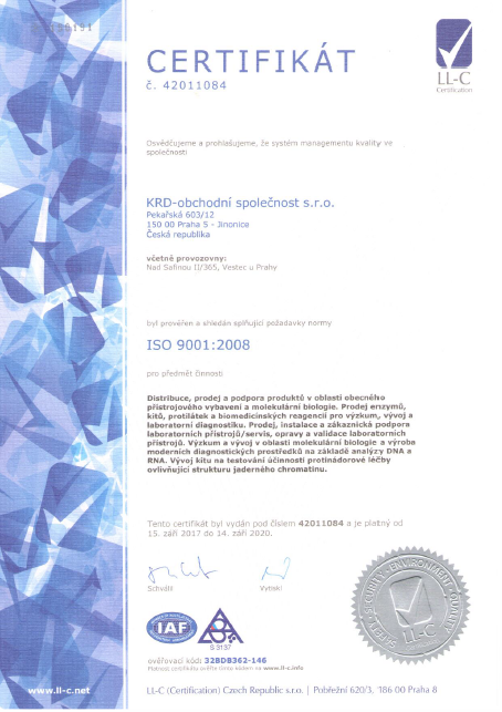 Certifikát kvality ČSN EN ISO 13485:2012